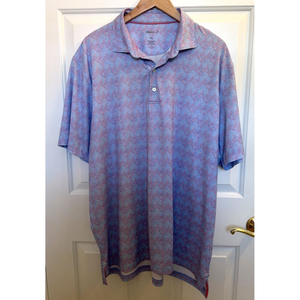 Johnnie O Golf Polo Shirt Mens XL Blue Pink Argyle Geometric Performance Stretch